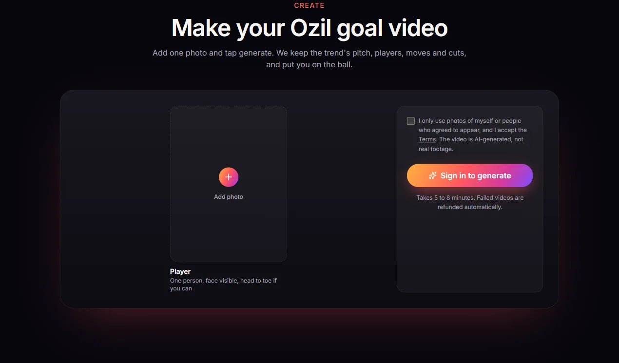 The Ozil Goal AI generator on the home page with an empty photo area and a Sign in to generate button