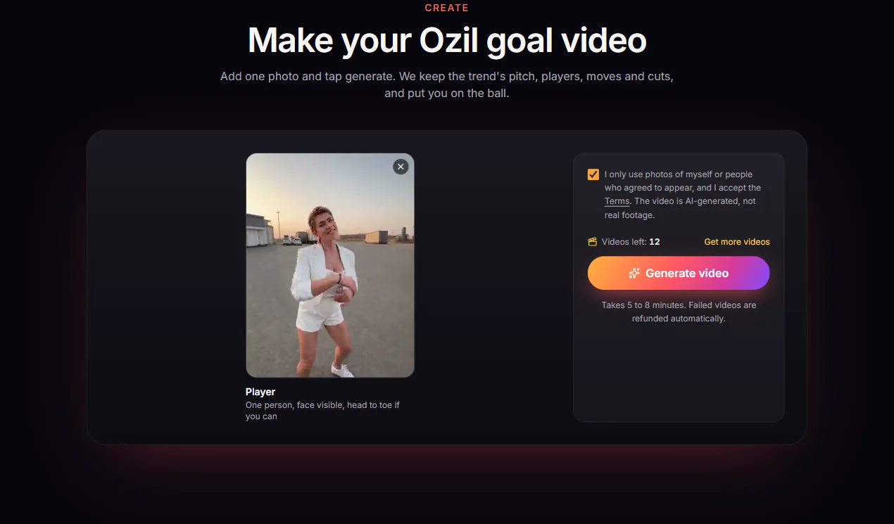 The generator with a photo added, the consent box ticked, the Videos left count and the Generate video button