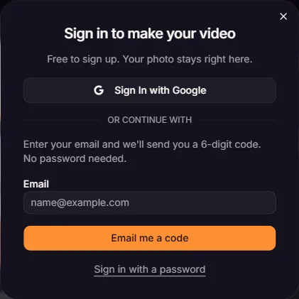 Sign-in dialog with a Google button and an email field for a 6-digit code
