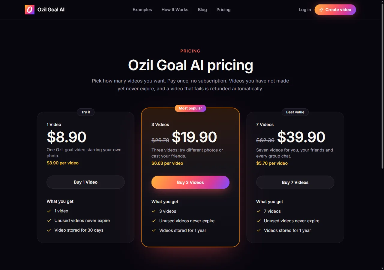 Pricing page with the 1, 3 and 7 video packs