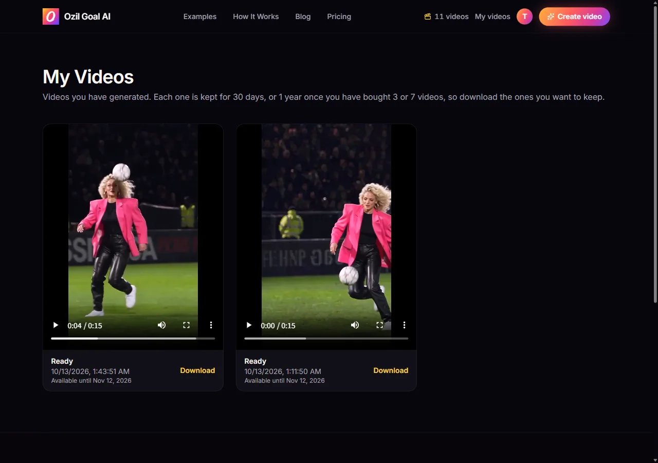 My videos page with finished Ozil goal videos and Download buttons